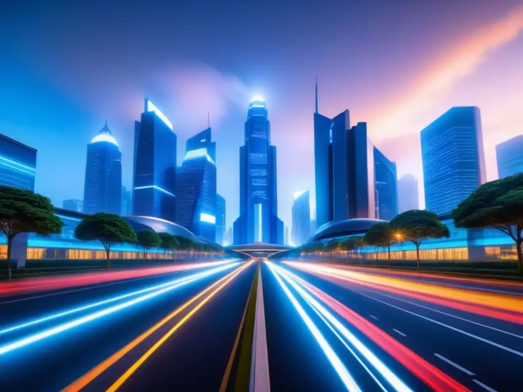 Vista nocturna futurista de una ciudad con edificios gubernamentales iluminados y rastros de luces de vehículos