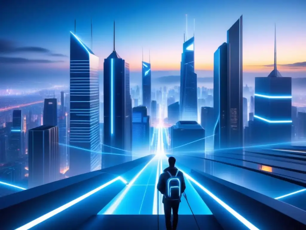 Vista nocturna futurista de la ciudad con fibra óptica brillante entre rascacielos y dispositivos tecnológicos