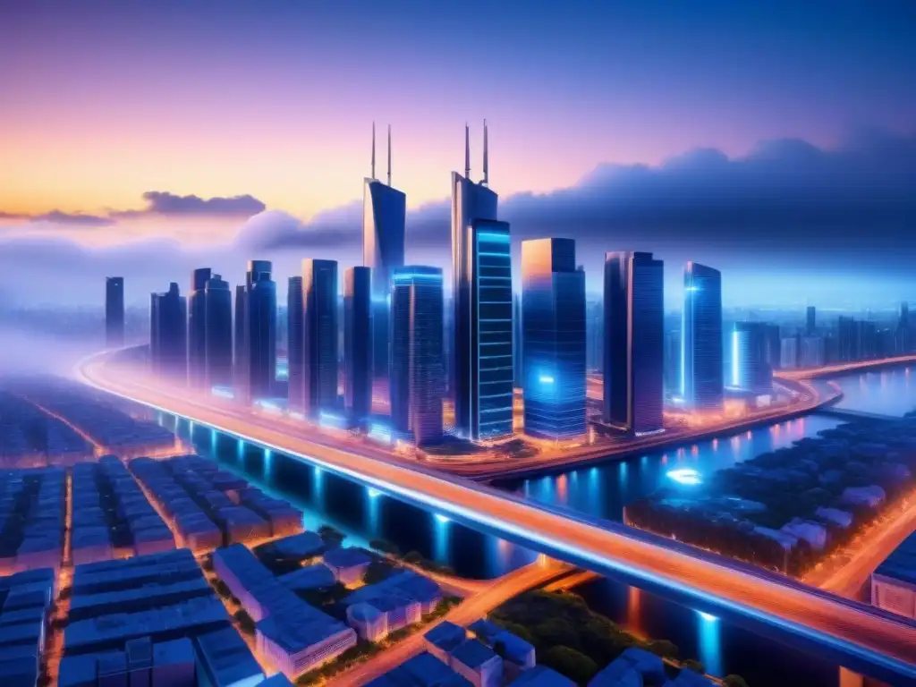 Vista nocturna futurista de una ciudad con tecnología IoT integrada en infraestructuras urbanas, iluminada por la transformación tecnológica