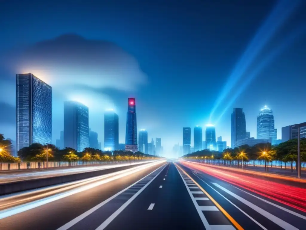 Vista nocturna de sistemas inteligentes en infraestructura urbana iluminada en la ciudad