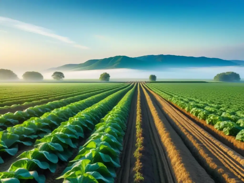 Vista panorámica de un campo verde con cultivos ordenados bajo el sol, destacando la tecnología en agricultura sostenible