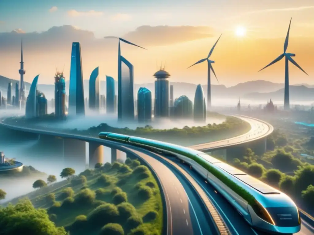 Vista panorámica de una ciudad futurista con vehículos ecofriendly moviéndose entre biocombustibles tercera generación