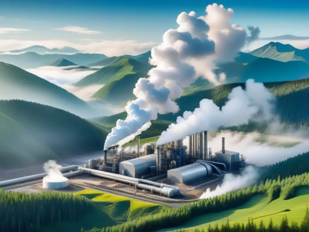 Complejo industrial geotérmico: fusión de tecnología y naturaleza Vista panorámica de complejo industrial con energía geotérmica en industrias globales, armonía entre tecnología y naturaleza