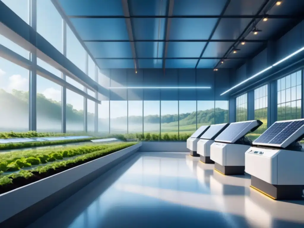 Smart Factory 8k: Innovación eco-sostenible en paisaje futurista Vista panorámica de una moderna smart factory sostenible, fusionando eficiencia energética y naturaleza en su diseño vanguardista
