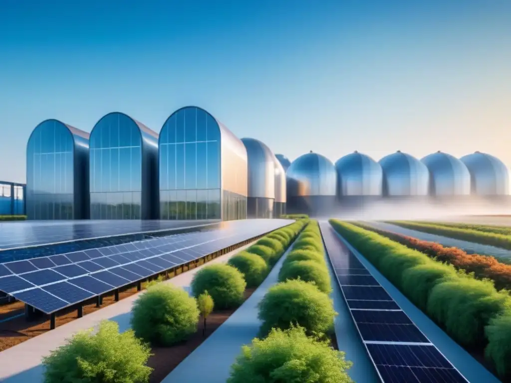 Vista 8k de planta industrial futurista rodeada de naturaleza, reflejando innovación y sostenibilidad para empresas líderes captura de carbono