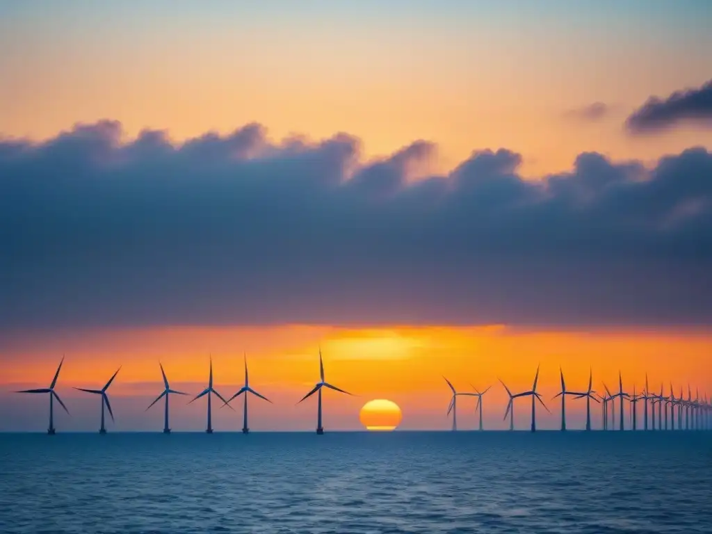 Vista serena al atardecer de un gran parque eólico marino, simbolizando el liderazgo en energía eólica offshore