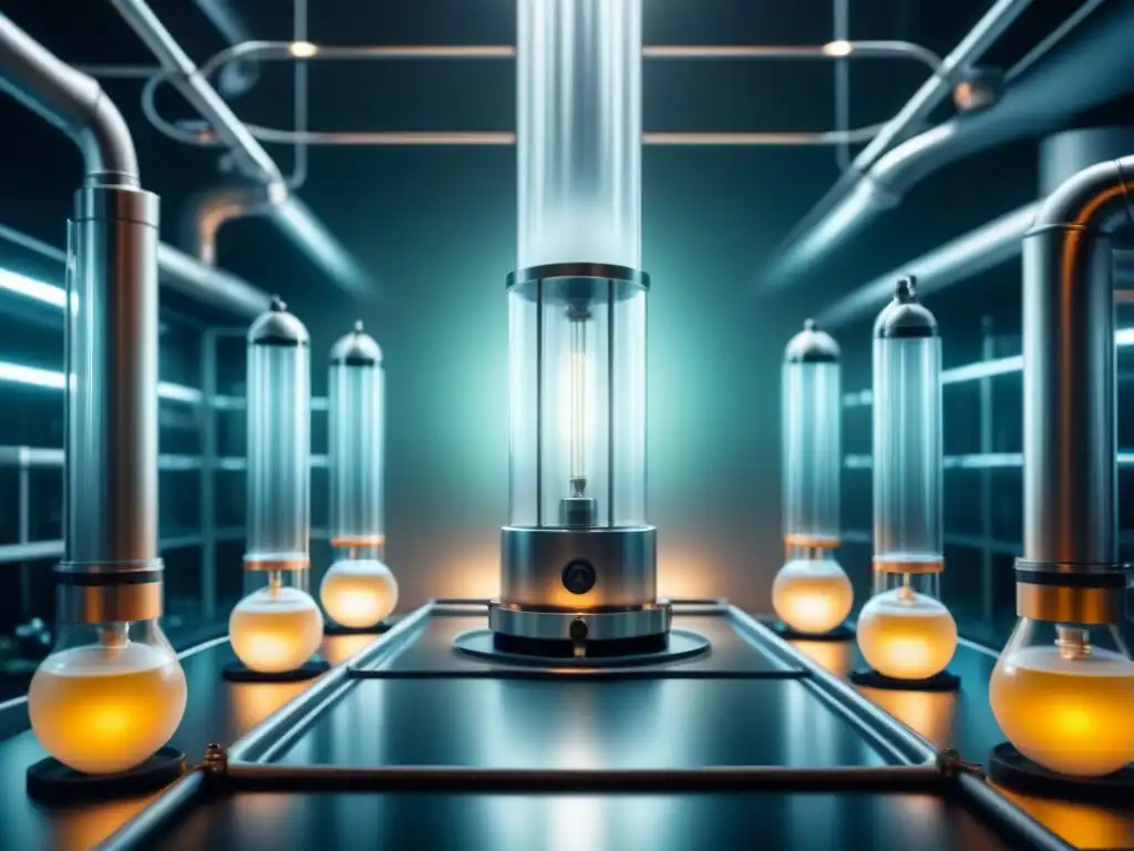 Vista serena de un biorreactor iluminado, representando la armonía entre tecnología y naturaleza en bioprocesamiento sostenible