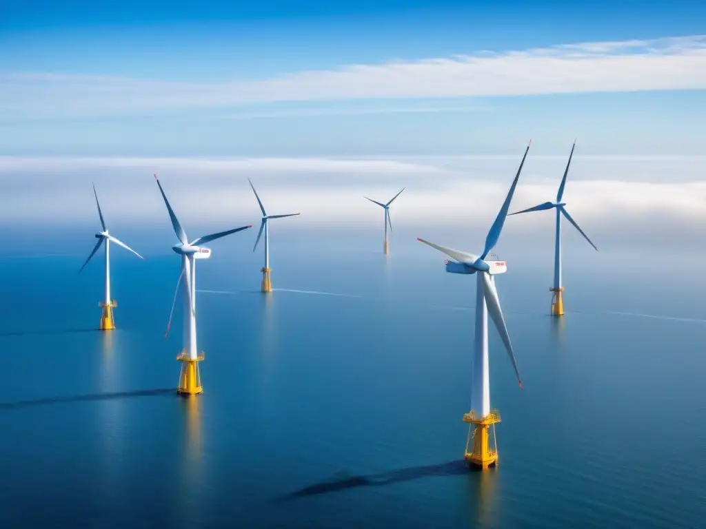 Una vista serena de la energía eólica offshore sostenible: turbinas blancas en el mar, reflejadas en el agua tranquila