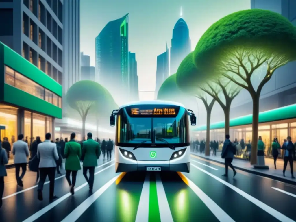 Vista urbana futurista con movilidad urbana sostenible innovadora: autobuses eléctricos, estaciones de bicicletas y peatones en calles arboladas