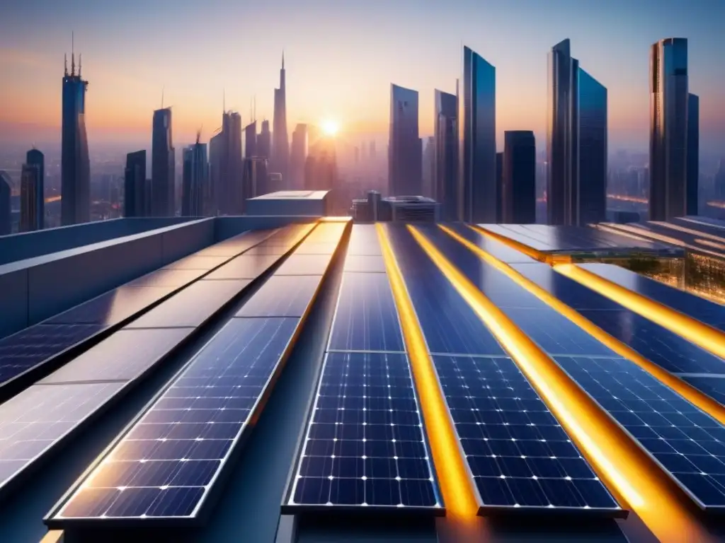 Vista urbana innovadora con soluciones energía solar urbana integradas en edificios altos