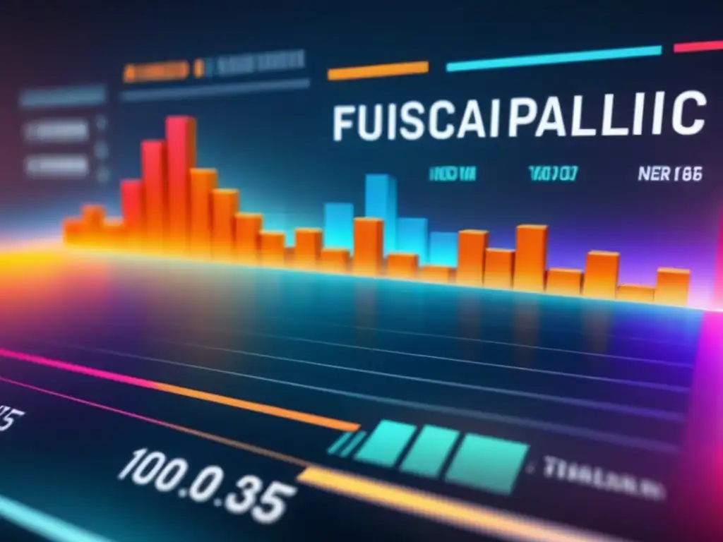 Visual futurista de datos financieros detallados con IA y gráficos de riesgo en colores vibrantes