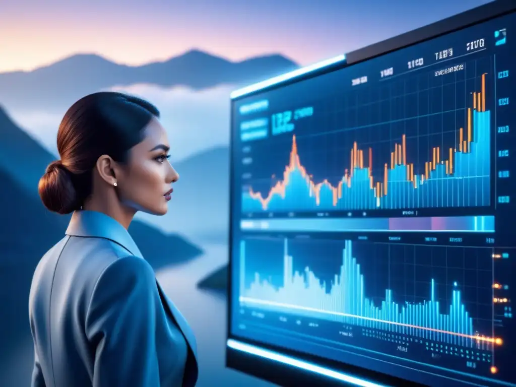 Visual futurista de inteligencia artificial en finanzas: gráficos financieros y patrones de redes neuronales en tonos metálicos y azules