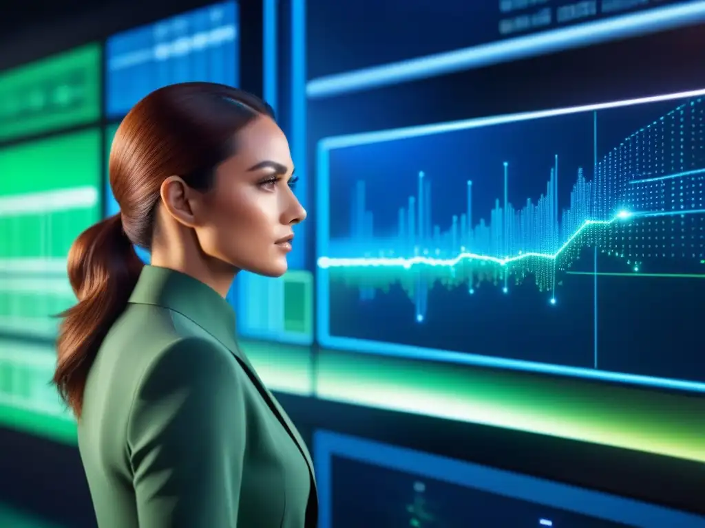 Una visualización de datos en tiempo real en la industria, con gráficos y puntos de datos interconectados en tonos de azul y verde