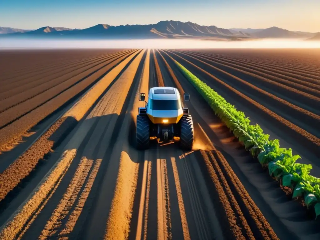 Automatización agrícola en zonas áridas: paisaje árido con tractor robótico avanzando entre cultivos resistentes a la sequía bajo cielo azul